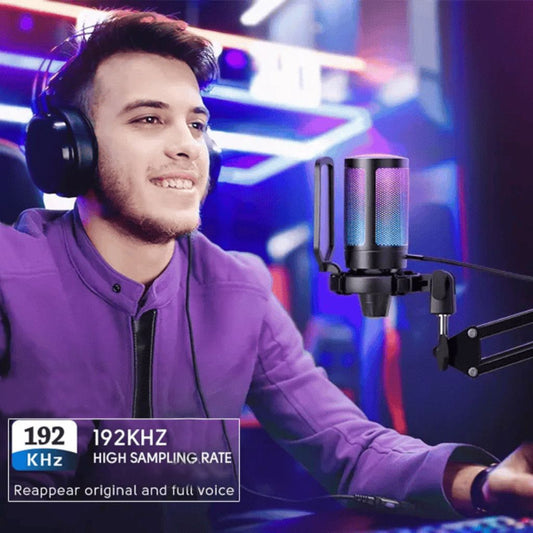 USB Gaming Microphone with RGB Lighting - Touch Mute, Gain Control & Noise Cancellation