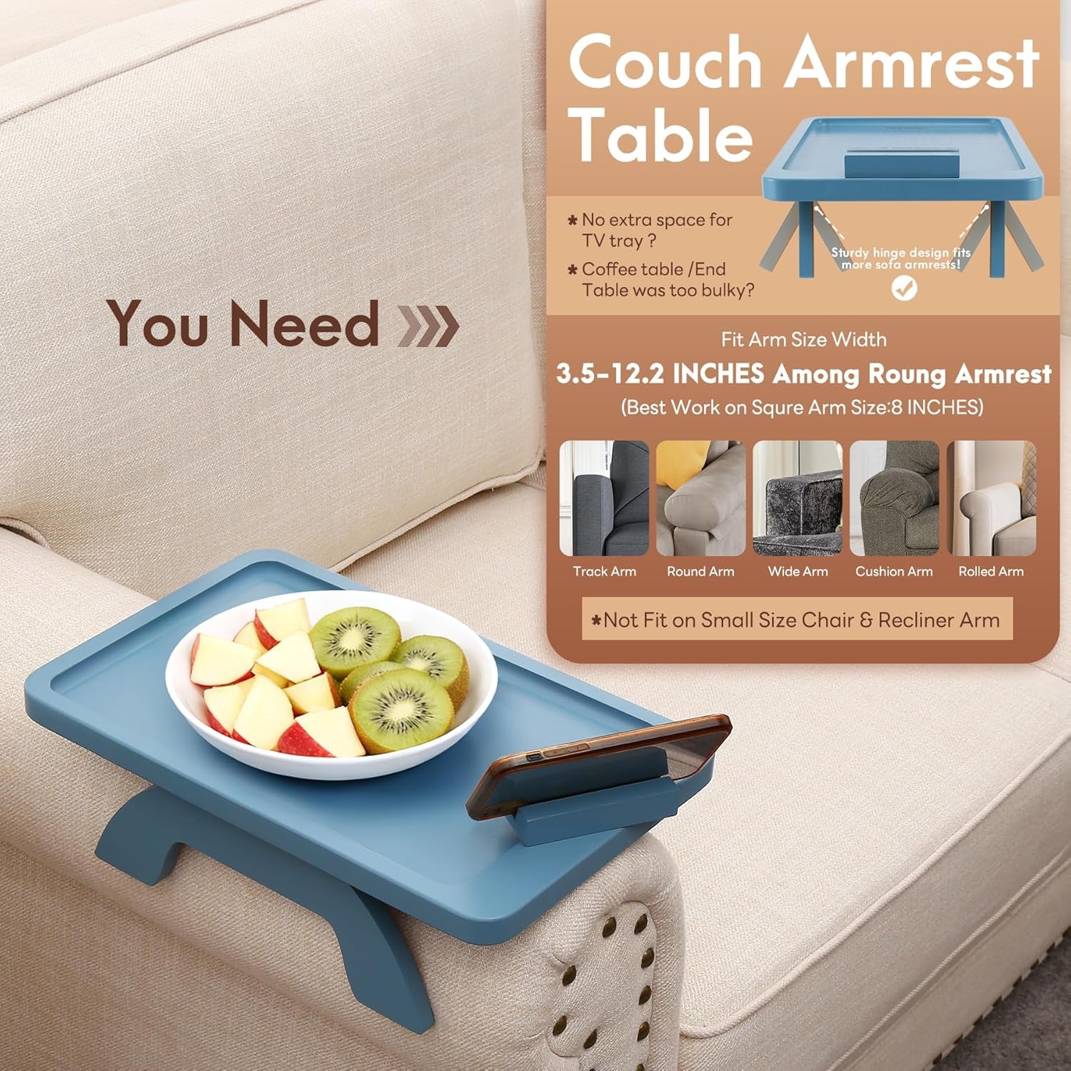 Sofa Arm Clip on Tray Table,Bamboo Couch Table for Wide Side Table, Armrest with 360° Phone Holder,Portable TV Table,Sofa Eating and Drink Blue