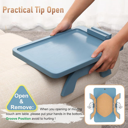 Sofa Arm Clip on Tray Table,Bamboo Couch Table for Wide Side Table, Armrest with 360° Phone Holder,Portable TV Table,Sofa Eating and Drink Blue